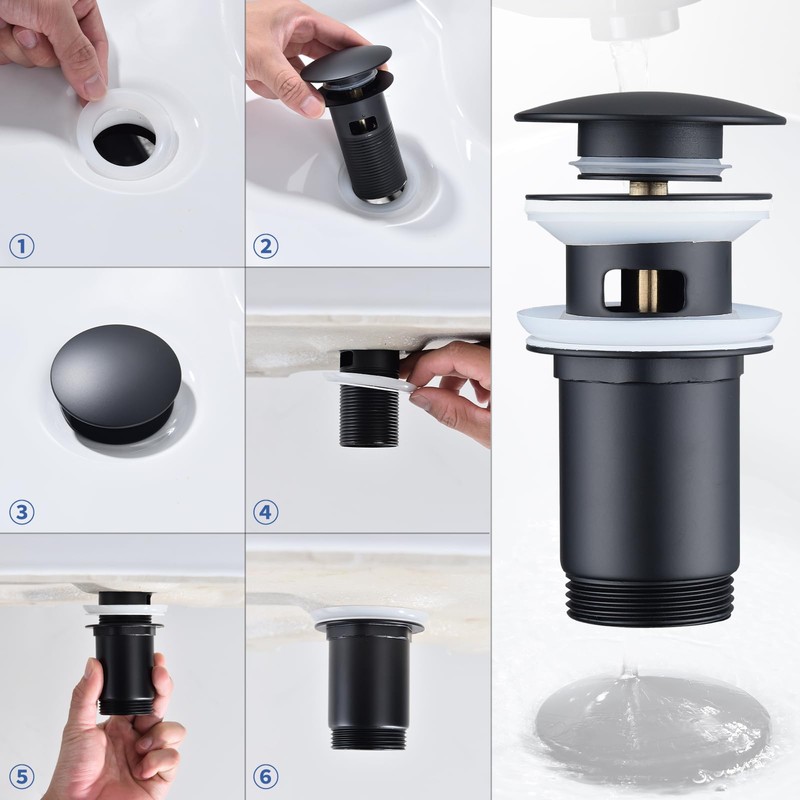 HOMELODY Drain Fitting Matte Black with Overflow, Universal Drain Valve