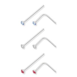 Pack of 6 Sterling Silver Cubic Zirconia Nose studs - Bend to fit - SIZE: TINY - 1.5mm - Single studs - no butterfly back. 5510CZ/LB/PCZ. Gift boxed
