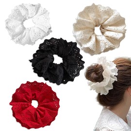 4Pcs Hair Scrunchies For Women,Girls Large Lace Scrunchie,Oversized Big Frilly Gingham Ties Ropes,Giant Extra Thick Braids Print Bobble Elastic, Elastic Hair Bands Scrunchy Soft Hair Ties Ropes