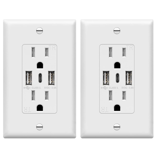 TOPGREENER USB Outlet, 3-Port Type C Wall 15 Amp Tamper-Resistant Receptacle Plug, Charging Power Outlet with Ports, UL Listed, TU21536AC3-2PCS, White, 2 Pack