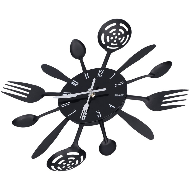 Black Kitchen Wall Clock Removable Modern Cutlery Kitchen Spoon Fork