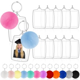 Henoyso 12 Pcs End of the School Year Gifts Bulk 1.57 x 2.17 Inches Photo Keychain Acrylic Graduation Picture Keychains with Colorful Fluffy Poms for 2025 Graduation Teen High School Party