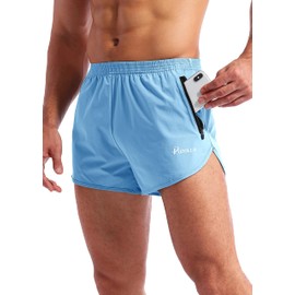 Pudolla Pantalones Cortos de Correr para Hombre, de 3 Pulgadas, de Secado rápido, para Gimnasio, Atletismo, con Bolsillos con Cremallera, Azul Claro, Large