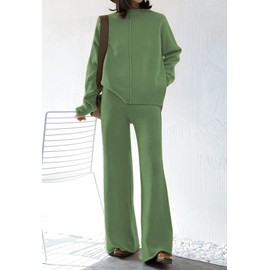 Fixmatti Sweater Sets for Women 2 Piece Knitted Outfits High Neck Top and Wide Leg Pant Sweatsuit Loungewear Green XL