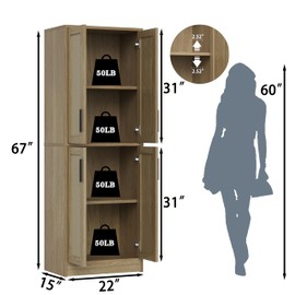 Homzbesy Pantry - Kitchen Pantry Cabinet, Rattan Cabinet with 4 Doors and Adjustable Shelves, Tall Natural Cabinet Freestanding Storage Cupboard for Dining Room Living Room, Laundry, Bathroom