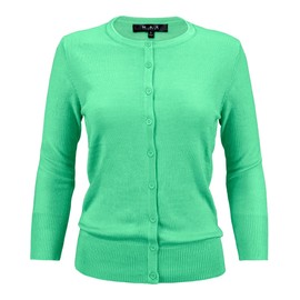 YEMAK Women's Knit Cardigan Sweater – 3/4 Sleeve Crewneck Basic Classic Casual Button Down Soft Lightweight Knitted Top CO079-OPL-S