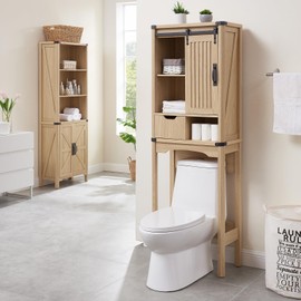 Minifeel Over The Toilet Storage Cabinet, Farmhouse Storage Cabinet with Adjustable Shelves and Sliding Barn Door, Free Standing Over Toilet Bathroom Organizer (Natural Oak)