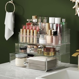 LAMU Makeup Organizer with Large Drawers, Bathroom Counter Skincare Organizer for Vanity,Storage Box with Handle, Cosmetic Display case for Vanity Countertop, Skincare Perfume Storage, Clear