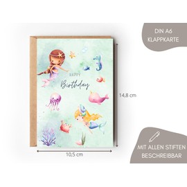 Mermaid Birthday Card for Children, Magical Underwater Greeting Card DIN A6 for Girls, Greeting Card Pastel Mermaid Sea Creature Watercolour Children's Birthday Party (1 Folding Card with Envelope)