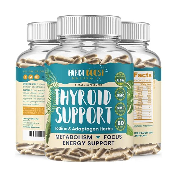 HERBI BOOST NATURALS Thyroid Support for Women with Iodine ǀ 1069mg Extra Strength Supplement for Metabolism, Focus with Ashwagandha, L-Tyrosine, Zinc, Selenium & More