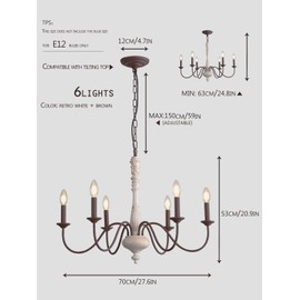 French Country Chandelier,6-Light Farmhouse Chandelier Vintage Candle Dining Room Lighting Fixture Brown White Antique Industrial Chandelier for Living Room Kitchen Island Foyer Bedroom Lighting
