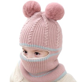 Kids Winter Knit Hat Hooded Scarf Set 2-5 Years Double Pom Pom Coif Hood Cap Hat Thicken Fleece Lined Bobble Hat Crochet Neck Warmer Neck Collar Head Wraps Earflap Beanies Caps for Girls Boys