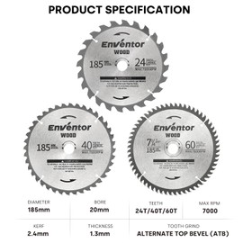 Enventor 3PCS Circular Saw Blades, 185mm* 20mm Bore *24T/ 40T/ 60T, TCT Saw Blade for Wood Cutting, Compatible with 76332L, 76343L, 76301,SGCS1400