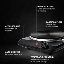 OVENTE Electric Countertop Single Burner, 1000W Cooktop with 7.25 Inch Cast Iron Hot Plate, 5 Level Temperature Control, Compact Cooking Stove and Easy to Clean Stainless Steel Base, Black BGS101B