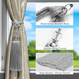 Curtain Tiebacks Rope Tassel TieBacks Curtain Holdbacks Silver for Drapes Decorative Drapery Crystal Holdback Tie Backs Handmade Curtain Holder 2 Pack