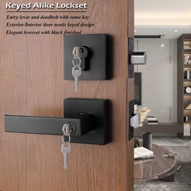Gobrico Entry Door Lever with Double Deadbolt (Keyed Both Sides) Lockset,Front Entrance Door Hardware Square Door Lockset and Deadbolt with Lock and Keys,Keyed Alike,Matte Black Finished