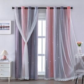 XiDi Blackout Curtains - Stars Cut Out Curtains for Bedroom Nursery Girls Kids Living Room Rainbow Drapery with Eyelet for Windows, 2 Panels W34xL63 Inch Pink Lightgrey Grey Draperies