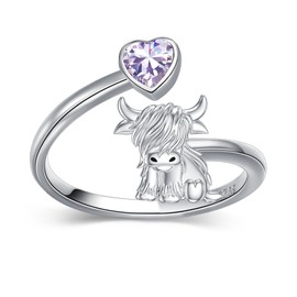MEIDERBO Highland Cow Ring 925 Sterling Silver Adjustable Ring June Birthstone Ring Highland Cow Gifts Jewelry for Women