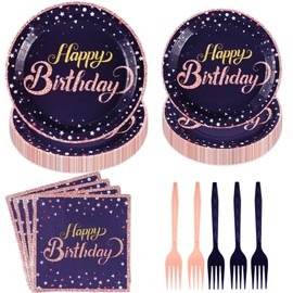 96Pcs Navy Blue and Rose Gold Birthday Party Supplies Navy Blue and Rose Gold Birthday Party Plates Disposable 350GSM Happy Birthday Tablerware for Women Girls Birthday Decorations, Severs 24