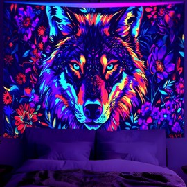 BVBOX Blacklight Wolf Tapestry 79"x59", Iridescent Garden Wolf Gaze Tapestry Glow In The Dark, UV Reactive Black Light Upright Animal Posters Wall Hanging for Bedroom Dorm Living Room Backdrop Decor