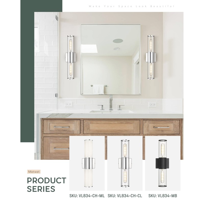 METWET Bathroom Vanity Light Fixtures, Chrome Wall Lights in Clear
