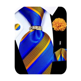 Kerfado 5PCS Gold and Blue Striped Tie and Pocket Square for Men, Silk Necktie and Handkerchief Cufflinks with Gold Ring and Lapel Pin Set