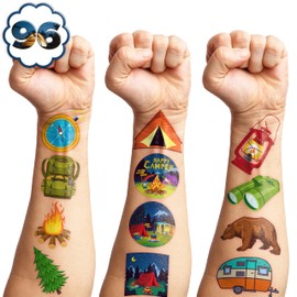 96 PCS Camp Camping Pre-Cut Temporary Tattoos for Kids Themed Birthday Party Supplies Favors Decorations 8 Sheets Super Cute Fake Tattoo Stickers Gifts For Boys Girls School Rewards Home Activity