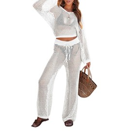 Pink Queen Crochet Swim Coverup for Women 2 Piece Puff Sleeve Crop Top Drawstring Beach Pants Bikini Cover Up White S