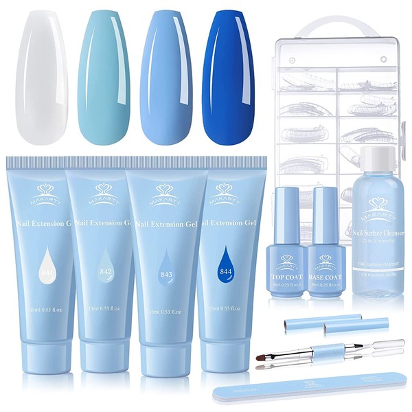 Makartt Blue Poly Nail Gel Kit, 15ML Gel Nail Builder Kit with Slip Solution Clear Nails Acrylic Gel Nail Kit for Nail Building Nail Extension Kit Dual Forms Base Top Coat All-in-One Gel Nail Starter Kit