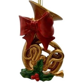 OnHoliday Gold Color French Horn Brass Instrument in Red Holiday Ribbon Hanging Christmas Tree Ornament