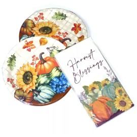 Creative Converting & Greenbrier Pumpkin Sunflower Harvest Dessert Plates & "Harvest Blessings" Paper Napkin  Set