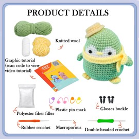 Jilskl Complete Crochet Set Beginner Animals, Chopped Animals Set Beginners, Crochet Set Beginners, Supportive Crochet, Puncture Video Tutorial, Beginner Crochet DIY Set, Green, Penguin