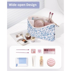 Narwey Cosmetic Bag for Women Makeup Bag Leather Toiletry Bag Travel Zip Bag for Women Girls, Navy Blue Flower