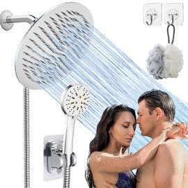 Dual Shower Heads with Handheld Spray Combo, 8'' High Pressure Shower Head Rain with 6 Modes Hand Held 78‘’ Extra Long Hose, Adhesive Showerhead Holder, Luxury Modern Chrome, Wosaisius