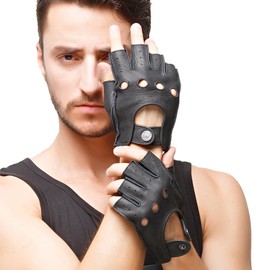 Nappaglo Men's Deerskin Fingerless Gloves Half Finger Leather Driving Motorcycle Cycling Riding Unlined Gloves (L (Palm Girth:8.5"-9"), Black)