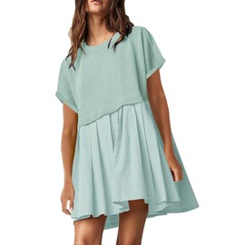 Womens Cute Pleated Dress Patchwork Casual Short Sleeve Tops Loose Oversized Summer Mini Dress Light Blue