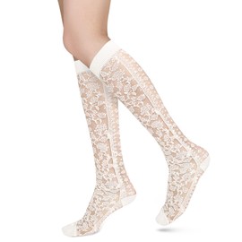 Benefeet Socks Womens Girls White Lace Knee High Socks Novelty Sheer Mesh Fishnet Knee High Stockings Flowers Nylon Fancy Dress Socks Lolita See Through Transparent Trouser Socks, White Lace Floral