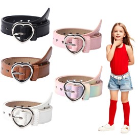 OZIO 5 Pcs Girls Belt Cute Heart Shape With Metal Buckle Kids PU Leather Waist Belt Elastic Stretch Adjustable Waist Belt for Girls Dress Pants Jeans