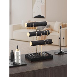LongMen 3 Tier Bracelet Holder Display,Jewelry Holder Organizer with Velvet Crossbar and Metal Frame,Necklace Earring Bracelet Display Holder for Women (Black)