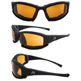 Alpha Omega AO3 Motorcycle Sunglasses Foam Padded Riding Safety Glasses Z87.1 Convertible to Goggles for Men or Women 2 Pair Black Frame w/Amber & Yellow Lenses