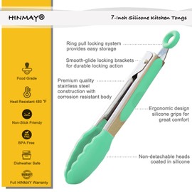 HINMAY Small Tongs with Silicone Tips 7-Inch Serving Tongs, Set of 3 (Pink Mint Yellow)