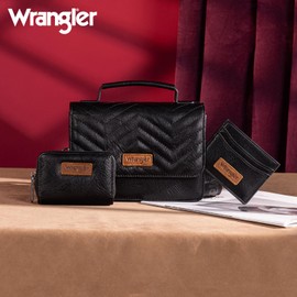 Wrangler Mini Crossbody Purses for Women 3 in 1 with Strap Quilted Small Top Handle Bag 3Pcs Sets Flap Handbag with Card Wallets WG3-0056BK