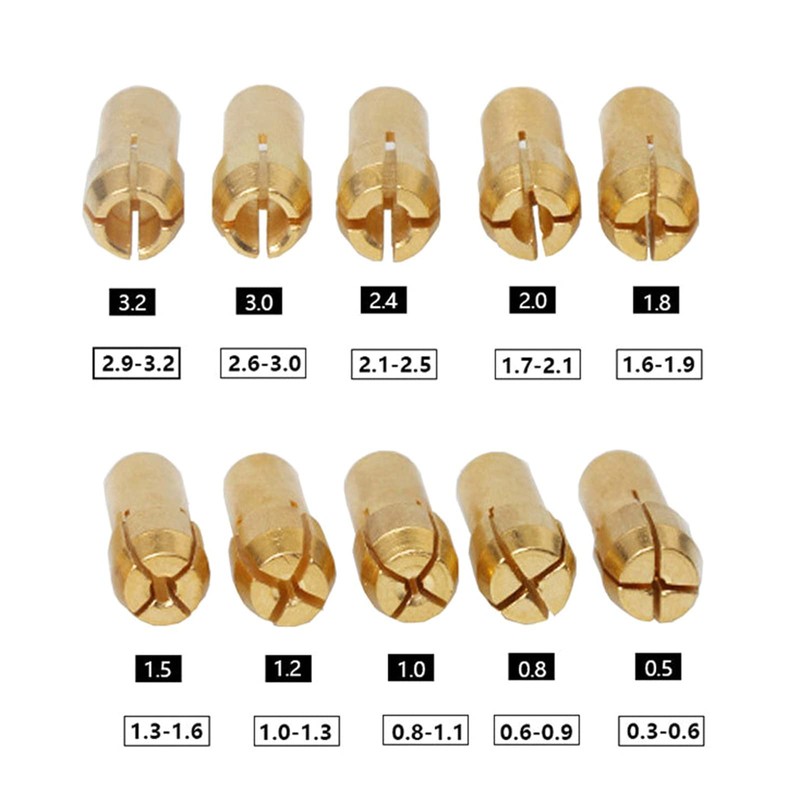 IWOMA 11PCS Brass Collet FitsDremel Rotary Tools Including 0.5/0.8/1.0/1.2/1.5/1.8/2.0/2.4/3.0/3.2mm 11