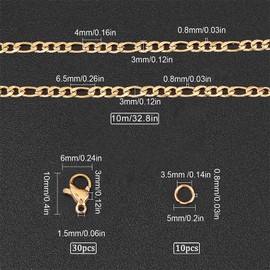 SUNNYCLUE DIY 10 m 32.8 Feet 3 mm Gold Chain Roll Figaro Chains Stainless Steel Cable Chain Necklace Chains with Jump Rings Lobster Clasps for Women Adults Jewellery Making Kits Necklaces Bracelets