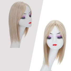 Rose bud Hair Toppers for Women with Thinning Hair 14 Inch Ash Blonde Mix Bleach Blonde Straight Natural Synthetic Toppers Hair Pieces for Women