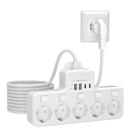 LEUTED 9 in 1 Steckdosenleiste mit USB,5 Fach Steckdose mit 2 USB A & 2 USB C, Mehrfachsteckdose Einzeln Schalter für Küche Wohnzimmer Büro Schlafzimmer, Steckdosenleiste Wandmontage mit 2M Kabel,Weiß