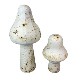 Set of 2 White Metal Mushrooms, Indoor Outdoor Garden Statues, 9 & 16 inch Rustic Modern Farmhouse Decor, Weather-Resistant Yard Sculpture, Artistic Patio Accent