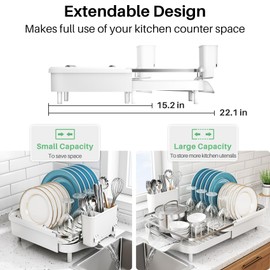 Dish Drying Rack, Expandable Dish Rack for Kitchen Counter, Stainless Steel Dish Drainer with Drainboard Set and Utensil Holder (White)