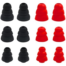 ALXCD Triple Flange Ear Tips, 6 Pairs S/M/L Sizes Triple Three Flange Noise Isolate Silicone Replacement Cushion Earbuds Tips with 4mm Connector Hole, Fit for Most in Ear Earphone, Black Red