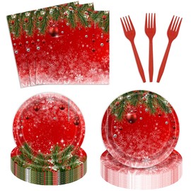 96pcs Merry Christmas Party Plate and Napkins Fork Party Supplies Christmas Tree Ball Party Disposable Paper Tableware Set for Merry Christmas Holiday New Year Eve Party Decorations(24 guests)